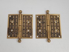 Pair Antique Victorian Eastlake Cast Brass Door Hinges 5x5 Heavy Entry Ball Tip