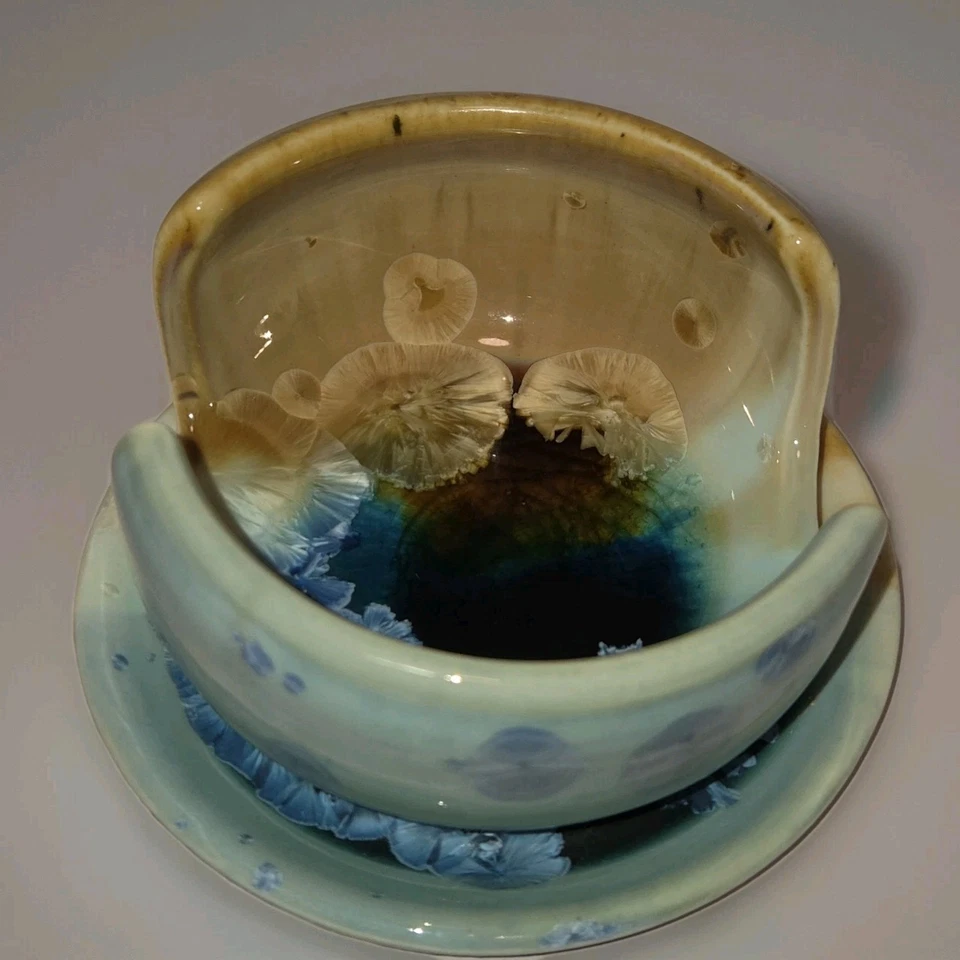 Soporte de esponja de cerámica de estudio azul cristalino marrón cocina firmado Thor Foto 3 de 4