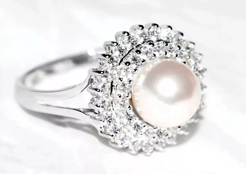 Anillo de oro Diamonique anillo de perlas cultivadas de 8 mm de oro blanco macizo de 14 quilates 3,73 g tamaño O7 Foto 3 de 4