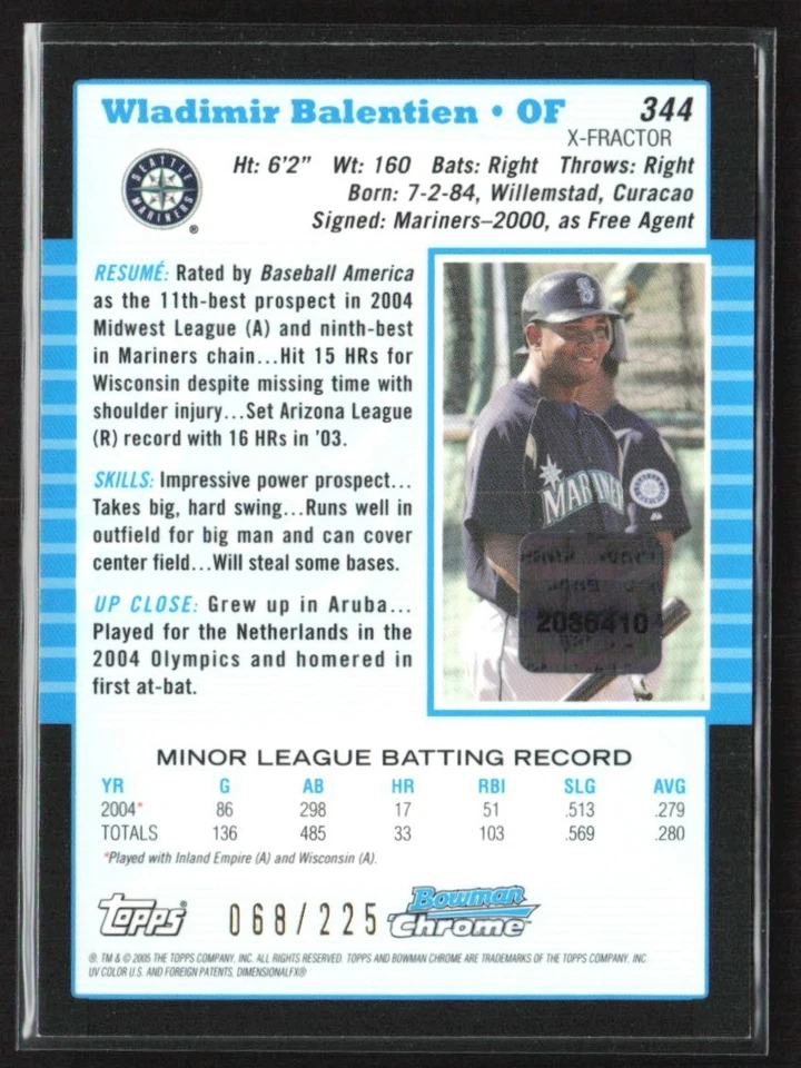 Wladimir Balentien 2005 Bowman Chrome X-Fractor Auto /225 A #344 Seattle - Image 2 of 2