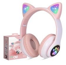 Kids Cat Ear Colorful LED Light Up Bluetooth Headphones Noise-Cancelling Folding
