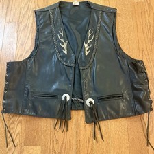 Vtg Leather Biker Motorcycle Vest Sz 2XL Snakeskin Tassles Braiding USA Made