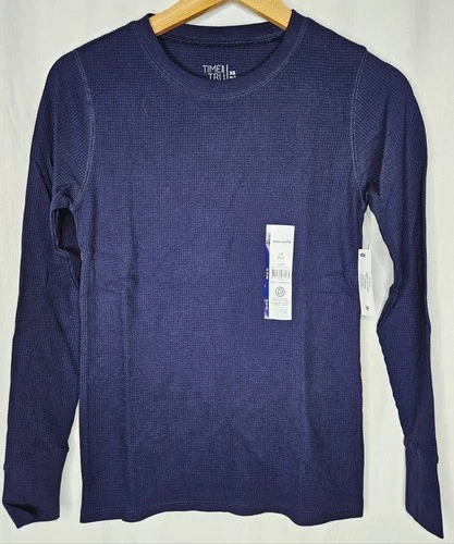 Time and Tru Top Navy Relaxed Waffle Knit Thermal Long Sleeve Shirt XS or S