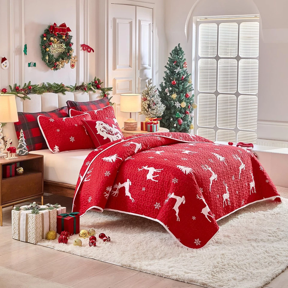 Christmas Quilt Set 2 Pieces Twin Size, White Deer and Snowflake on Red Xmas ... - Image 2 of 4