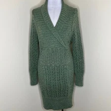 Lily McNeal Sweater Dress Medium Wool Blend Green Shawl Collar Rib Knit Sheath