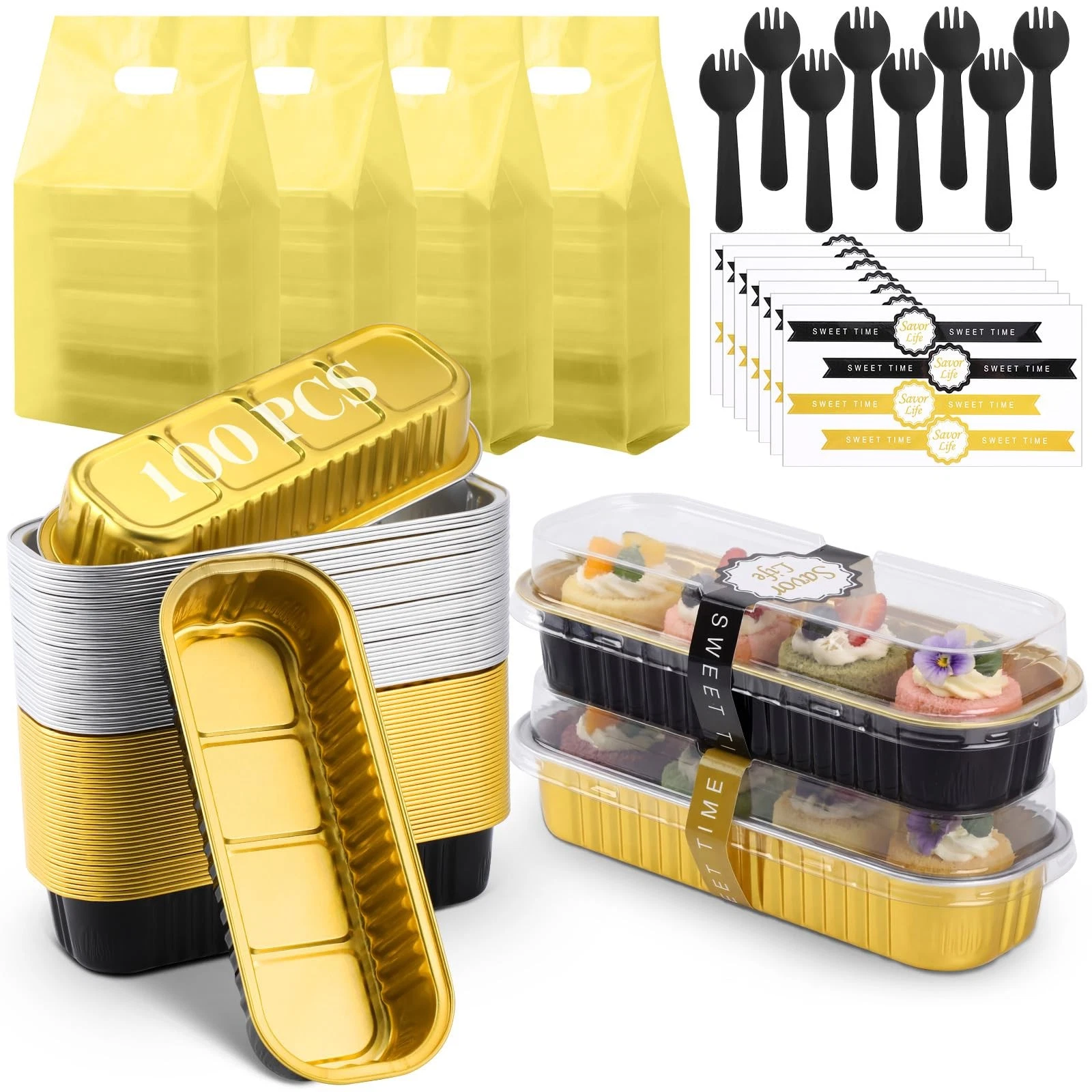 424 Pack Black and Gold Mini Loaf Pans Set with Lids Spoons Stickers Gift Bag...