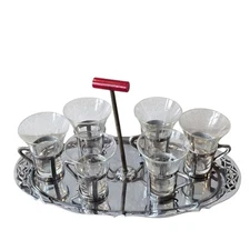 MCM Cordial Shot Glass Set Silver Handles W Tray Osaka Japan 6 Pc Set 50s 60s
