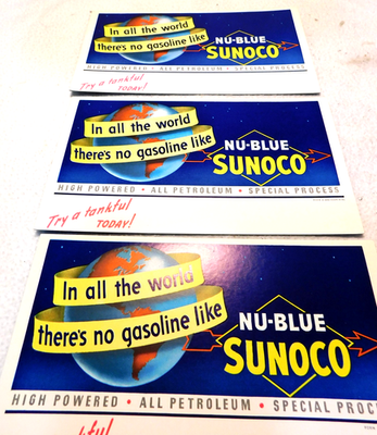 #ad 3 N.O.S. Vintage 1941 Nu Blue Sunoco Gasoline Blotters World Globe Design $16.95