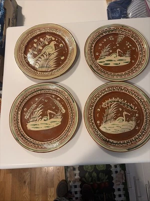 Vintage Mexican Bandera Plates Tlaquepaque Pottery Water Bird Redware Terracotta - Image 1 of 4