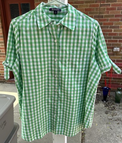 Roaman's Women’s Green Checkered 14W Short Tied Sleeves 100% Cotton