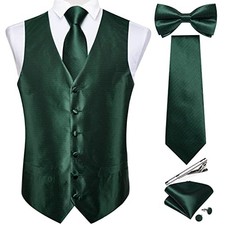 Men's Silk Paisley Vest and Necktie Set 6PCS Pre-tied Bow Tie Small Dark Green