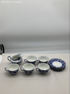Melbourne Blue White Porcelain Teacup Set 11pc Creamer Saucers Floral Vintage