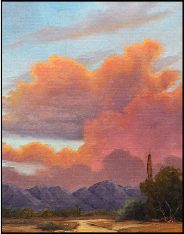 Jeff Love Art 14X11" Original Oil Painting Arizona Cactus Cloud Sunset Landscape