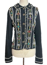 Vintage Michael Simon Cardigan Ramie Cotton Sz M Beaded Jeweled Statement Piece