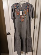 Natural Impressions 100% Cotton Floral Embroidered Gray Shortsleeve Dress SZ XL
