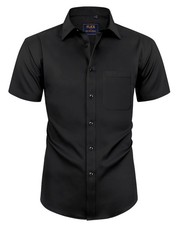 Black Short Sleeve Dress Shirt Men Wrinkle Free Solid Business Casual Wedding...