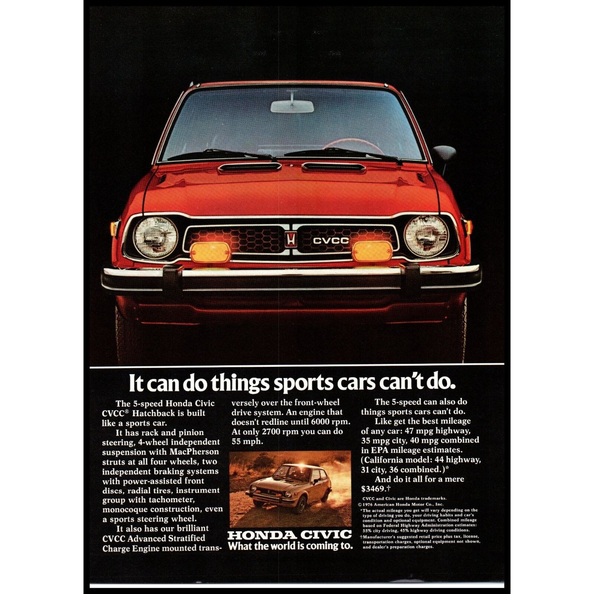 1976 Honda Civic CVCC Hatchback Vintage Print Ad Front End Dirt