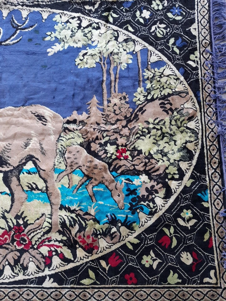 "Tapiz grande vintage con flecos ciervo alce colgante de pared cabaña madera 60x48""" Foto 4 de 4