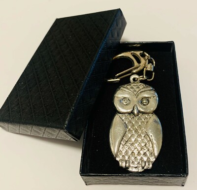 KLOBIGE EULE SILBER ZINN 3D SCHLÜSSELANHÄNGER IN SCHWARZ GESCHENKBOX GEBURTSTAG WEIHNACHTSGESCHENK