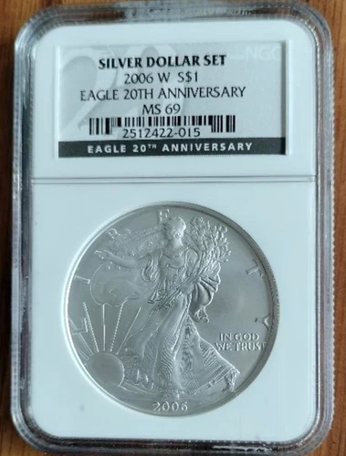2006 W BURNISHED SILVER EAGLE NGC MS69 FROM 20TH ANNIVERSARY SET BLACK LABEL
