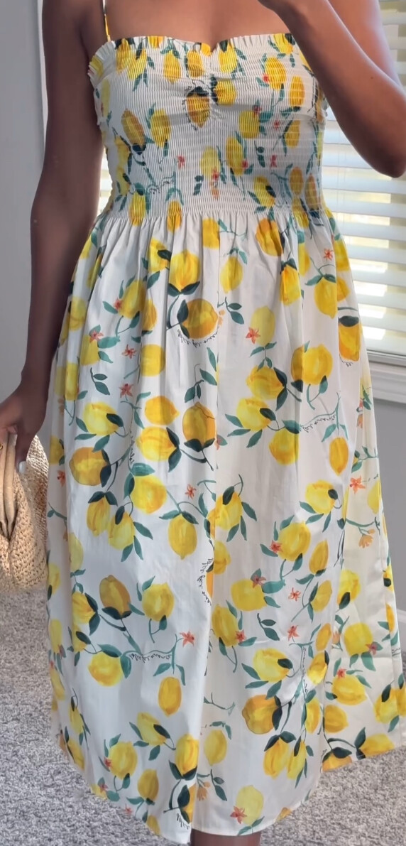 NWT H&M Lemon Printed Smocked-bodice 100% Cotton Strappy Midi Dress XS, S,  M, L