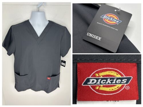 Dickies NWT Scrub Top Unisex Size Medium V Neck Dark Gray 2 Pockets Uniform NEW