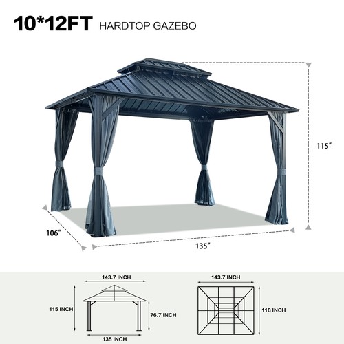 10x12FT Hardtop Gazebo Double Roof Galvanized Steel Canopy Aluminum Frame Grey - Picture 5 of 18