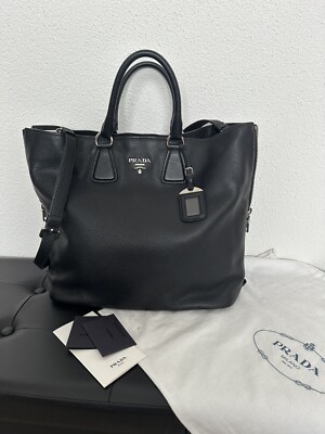 PRADA MILANO Vitello Phenix Shopper Handtasche schwarz / silber Leder