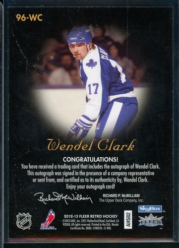 2012-13 Fleer Retro Autographics 1996-97 #96WC Wendel Clark - Picture 2 of 2