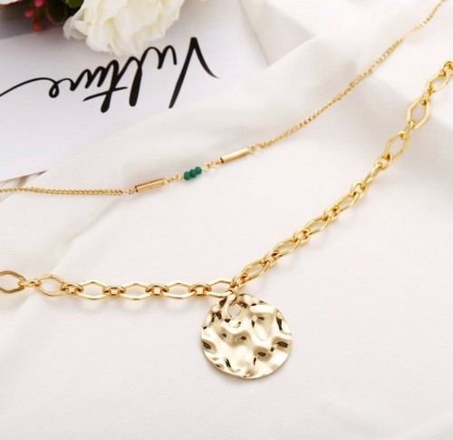 Women Double Chain Gold Round Pendant Necklace - Picture 5 of 5