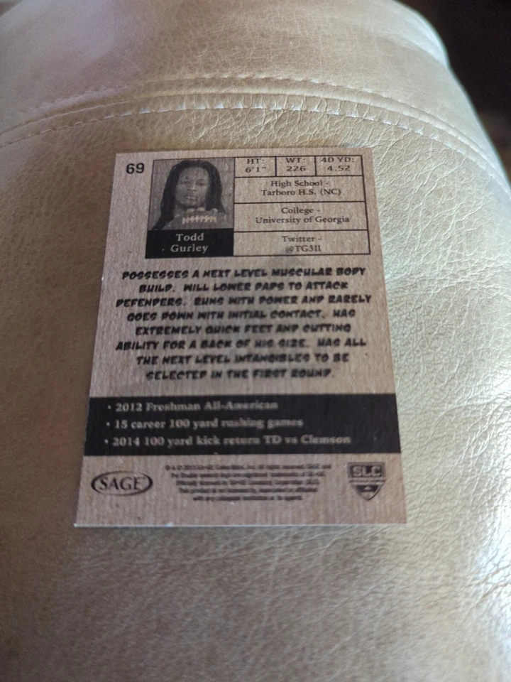 2015 Sage Hit Todd Gurley Next Level Rookie Georgia Bulldogs #69 - Image 2 of 2