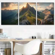 3pcs Tranquil Mountain Scene and Morning Light Wall Art Canvas Framed 50x70cm
