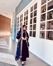 Embroidered Velvet Kurta with Palazzo Set with Bell Sleeves  Fancy Dupatta