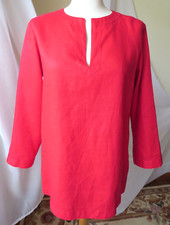 CHAPS RED SHIRT 100% LINEN TUNIC LONG SLEEVE PULLOVER MEDIUM TOP Y-NECK BLOUSE  