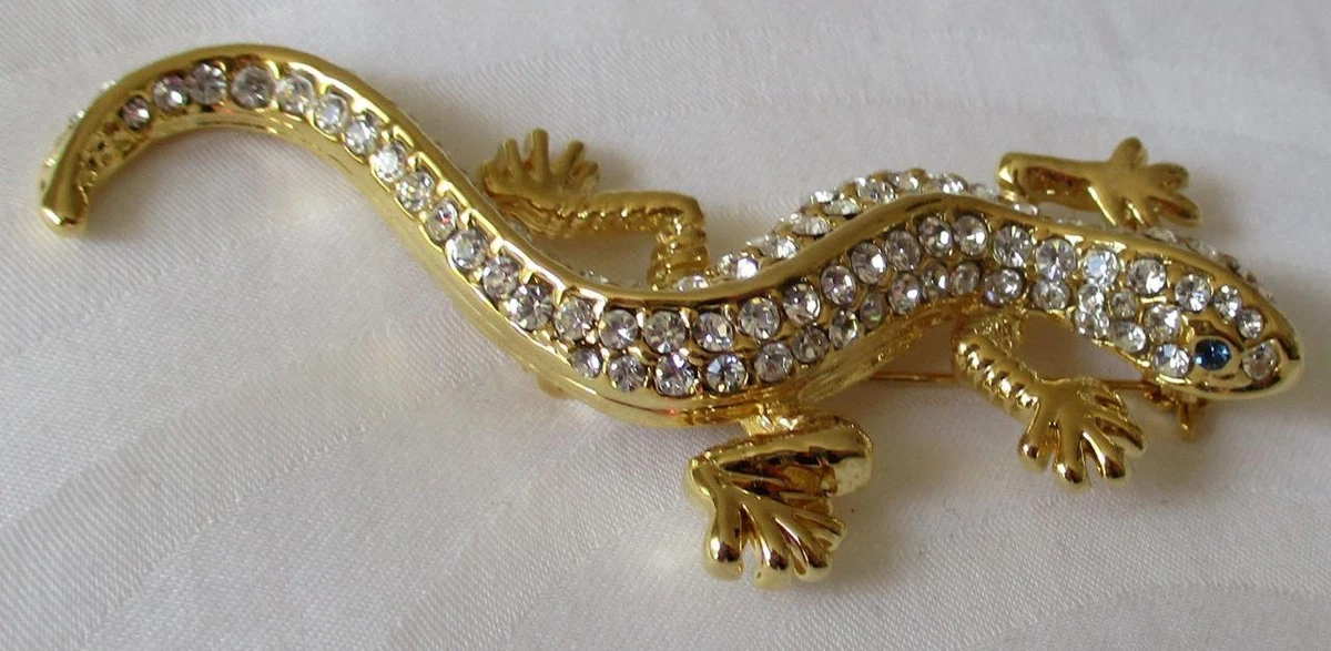 VINTAGE GOLDTONE METAL LIZARD GECKO BROOCH SET SPARKLY CLEAR