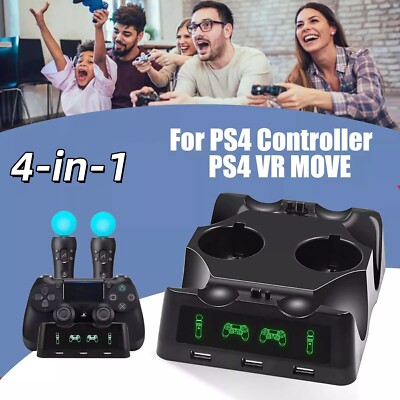 4 in1 Controller Charger Dock Station Stand LED For PS4/MOVE/PS4 VR