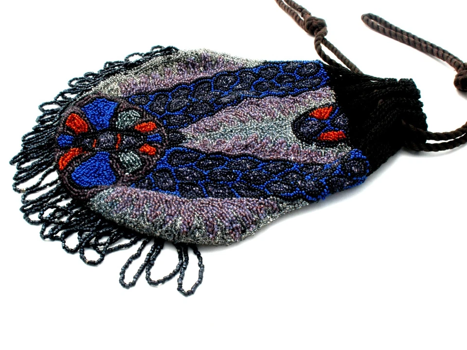 Art Nouveau Reticule Fringe Purse Drawstring Handbag Hand Beaded Bag Glass Beads - Image 4 of 4