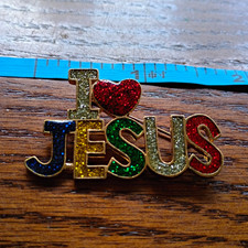 I Love Jesus Glitter Multicolor Pinback Brooch Pin - Religious Christian Theme