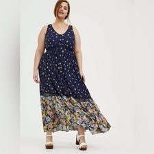 Torrid Maxi Challis Button-Front Dress Navy Blue Floral Maxi 2X Flowy Feminine