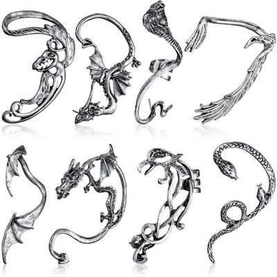8 Stück Punk Ohrringe Drachen Ear Cuff Vintage Retro Schlange Fledermaus Krähe Ohr Kletterohr