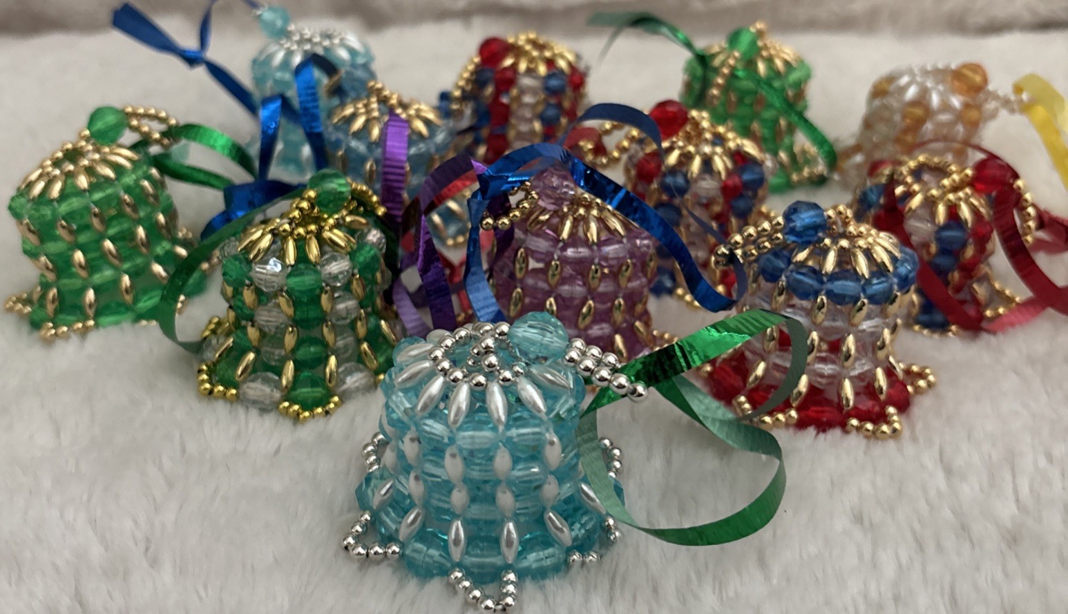 Vintage Hand Made Beaded Christmas Ornaments Bells Lot Of 12