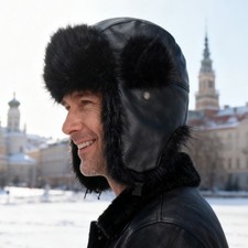 Men Faux Leather Trapper Hat with Faux Fur Lining Winter Ear Flap Russian Cap