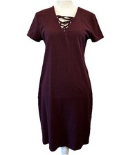 Womens Burgundy Lace Up V Neck Dress Sz Medium Ribbed Bodycon Stretch Versatile