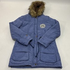 Women's Hooded Parka Jacket Blue Faux-Fur Hood Lining, Size Small