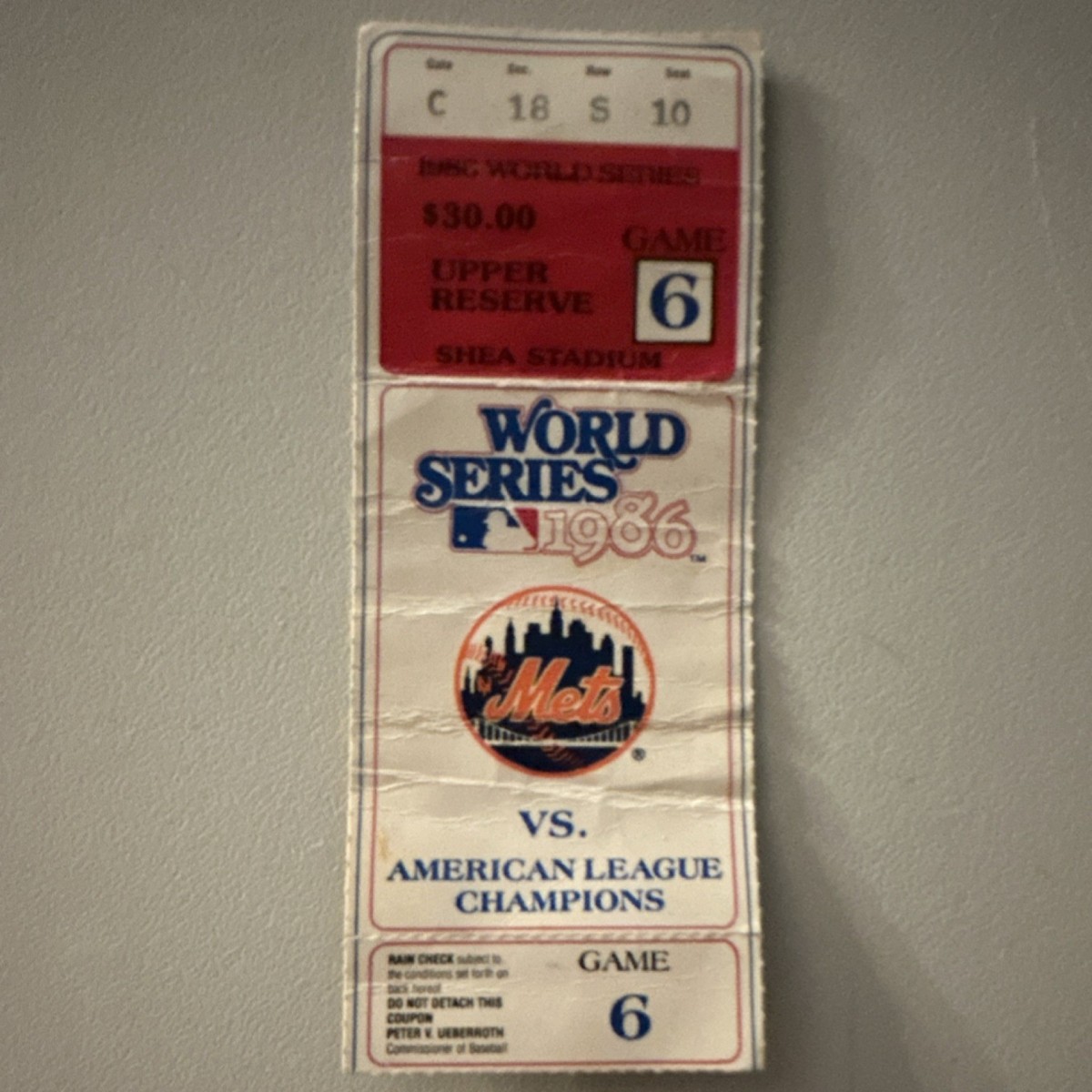 New York Mets 1986 World Series Game 6 Ticket Stub Shea Stadium