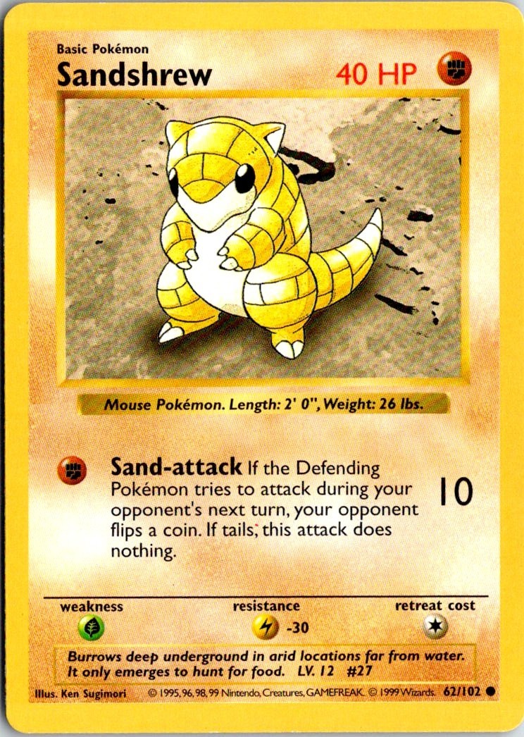 1999 POKEMON CLASSIC - BASE SET SHADOWLESS SANDSHREW #62