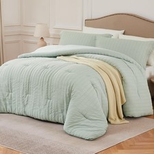 Sage Green Queen Comforter Set - 3 Pieces Seersucker Lightweight Bedding Comf...