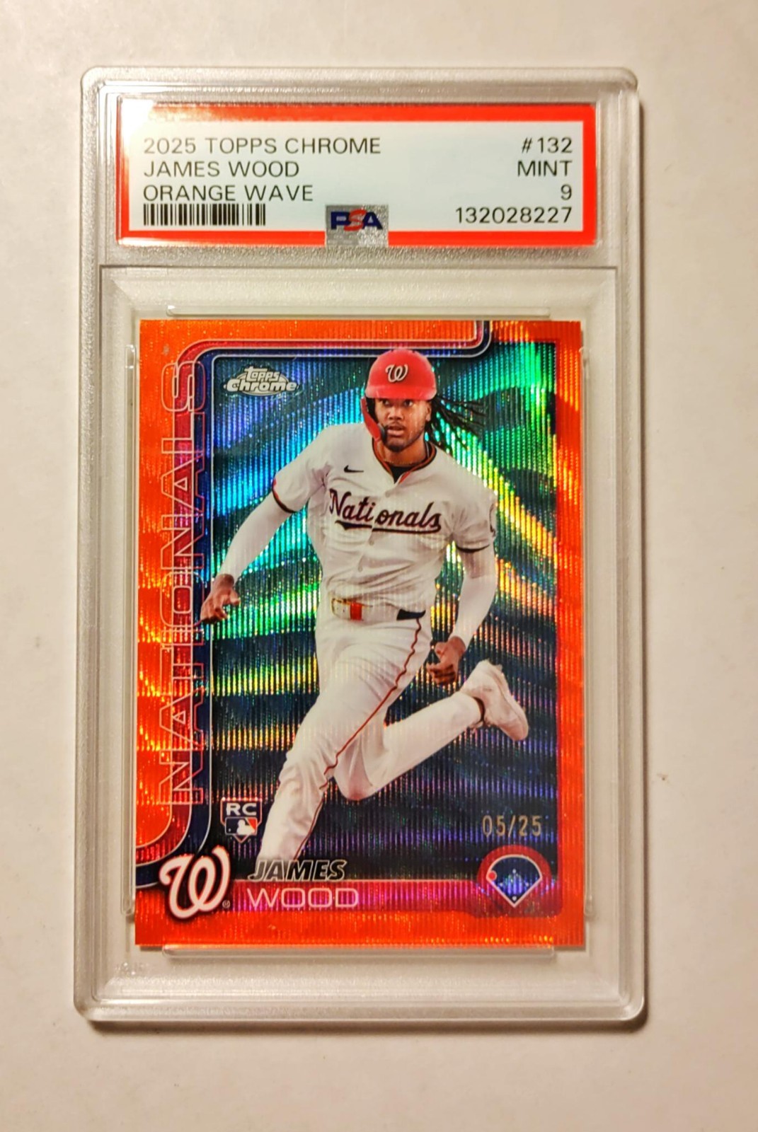 James Wood 2025 Topps Chrome RC ORANGE Wave REFRACTOR /25 PSA 9 #132 Mint z3