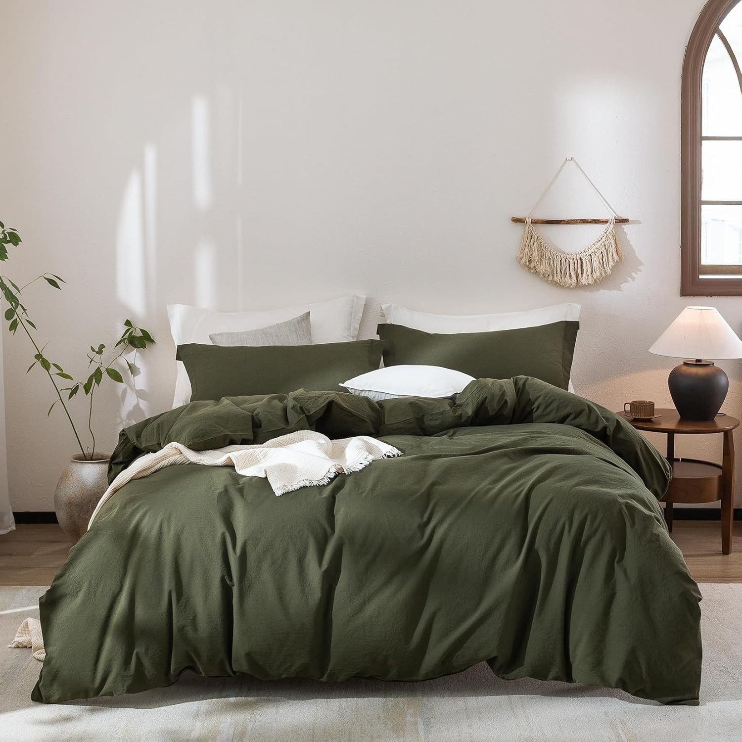 Olive Green Cotton Duvet Cover Set with buttons in king, Twin XL and other size.