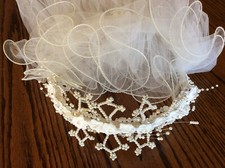 Vintage White Finger Tip Three-Tier Bridal Wedding Veil Beaded Headpiece